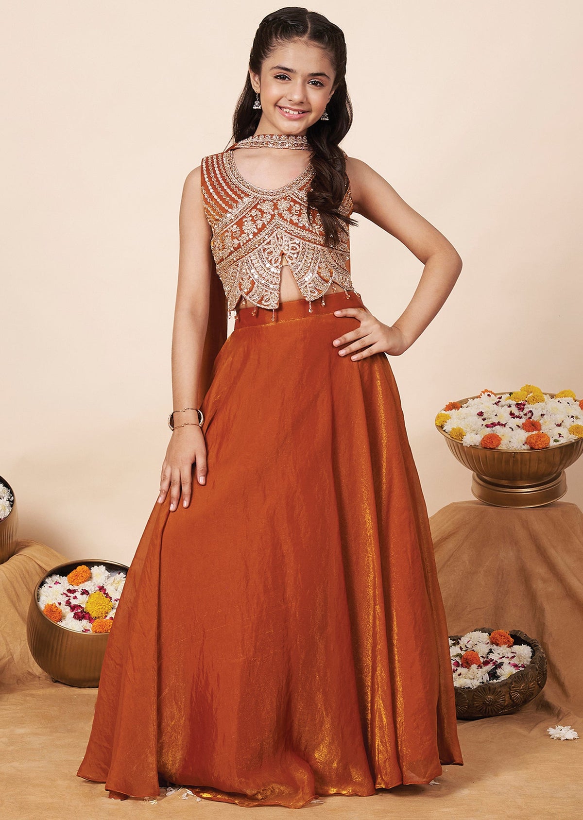 Dark Rust Tissue Girls Ghagra Choli