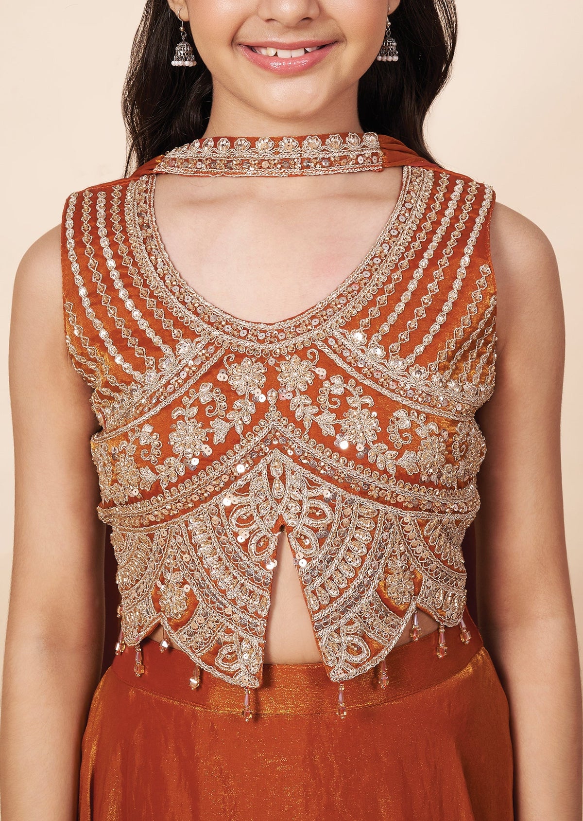 Dark Rust Tissue Girls Ghagra Choli