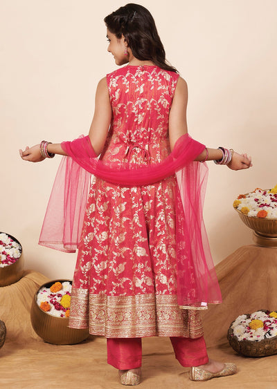 Rani Pink Banaras Girls Anarkali