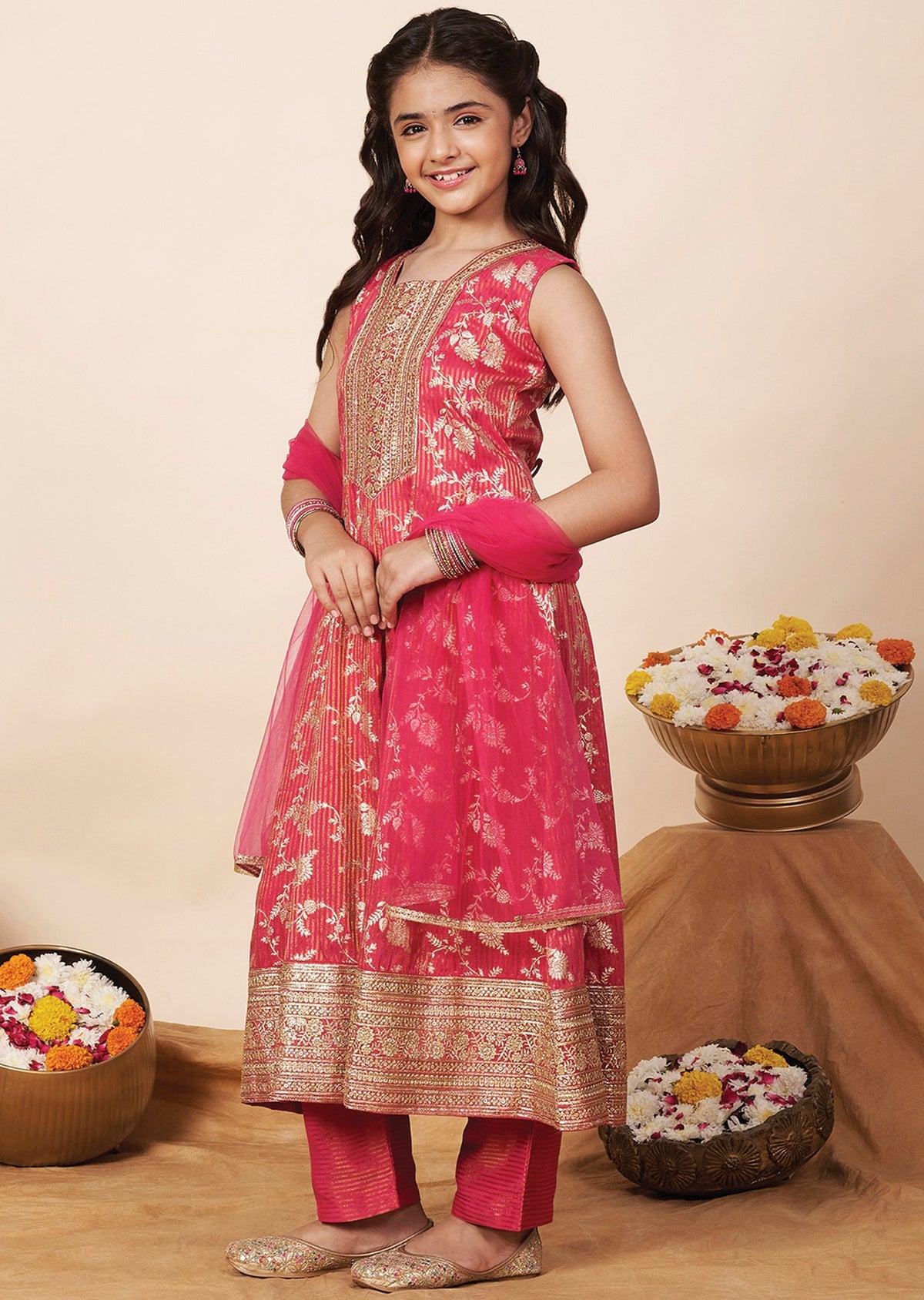 Rani Pink Banaras Girls Anarkali