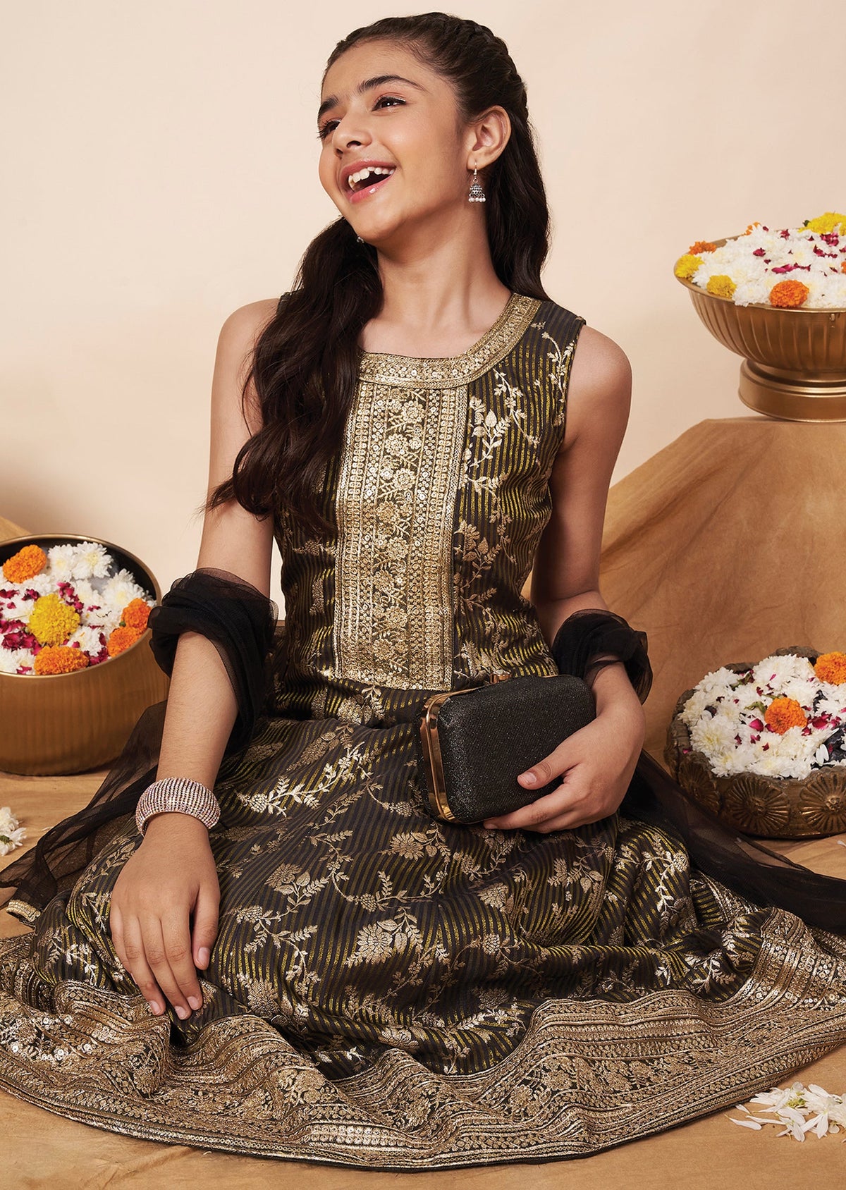 Dark Grey Banaras Girls Anarkali