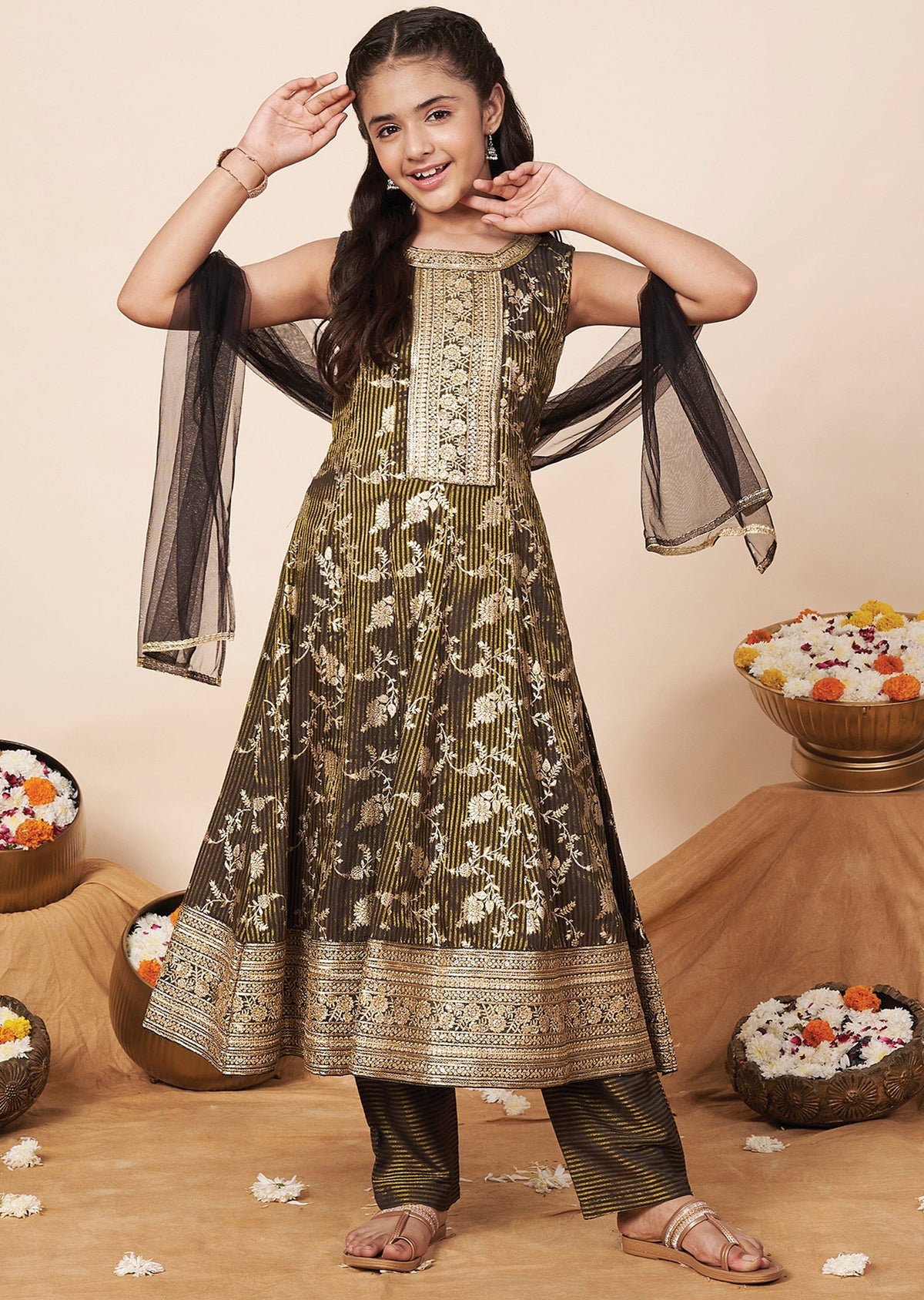Dark Grey Banaras Girls Anarkali