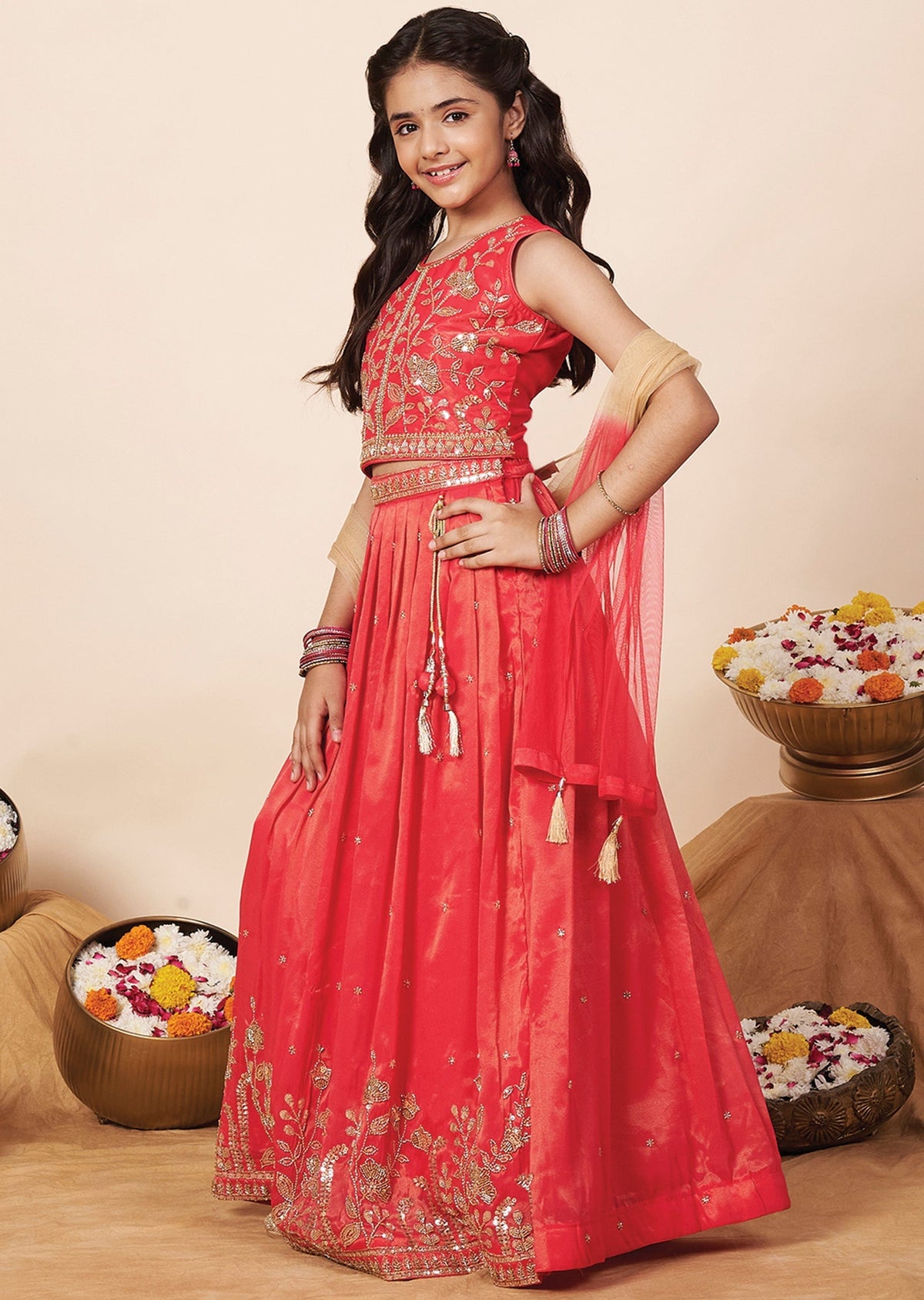 Pink Tissue Girls Ghagra Choli
