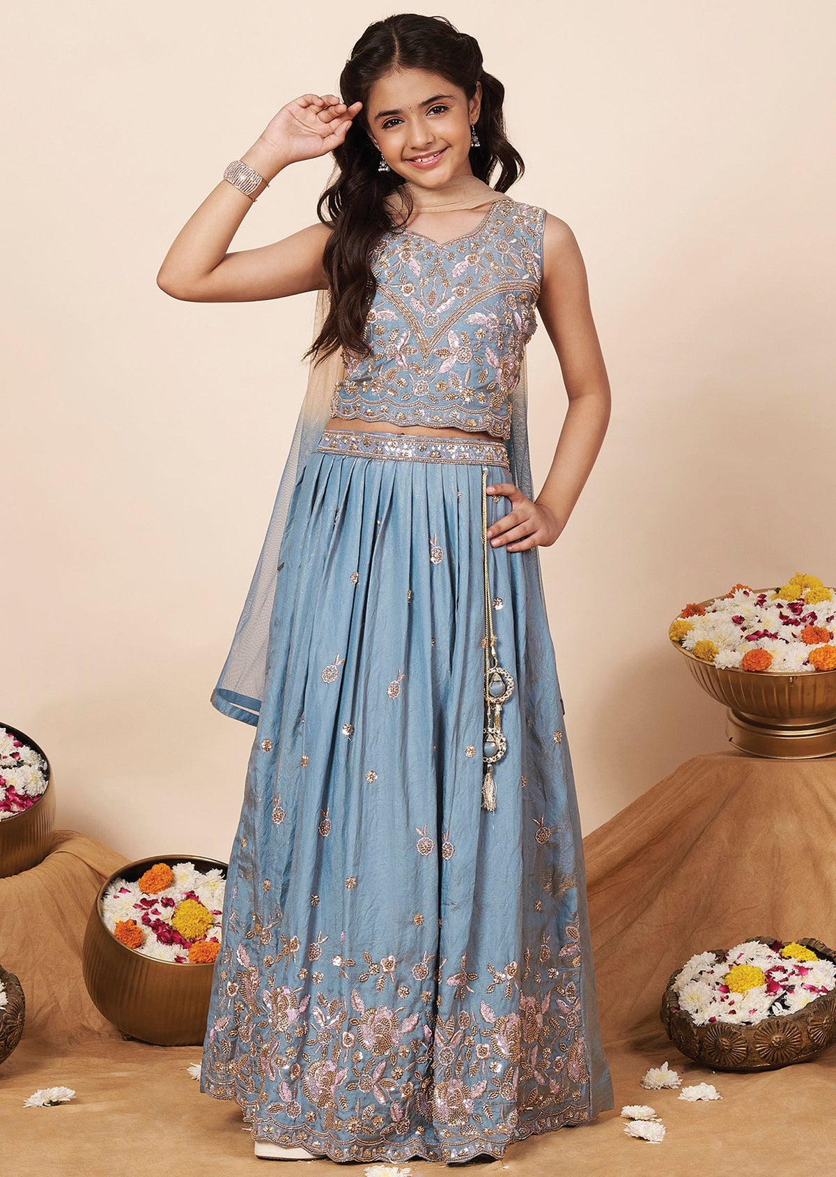 Light Blue Tissue Girls Ghagra Choli