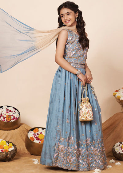 Light Blue Tissue Girls Ghagra Choli