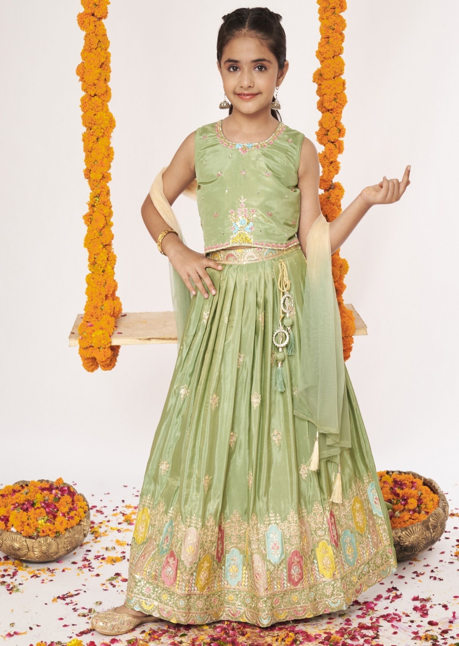 Mehendi Green Tissue Lehenga