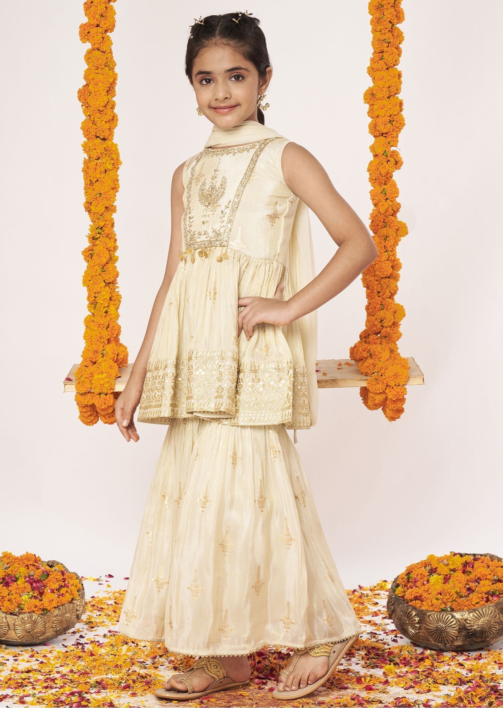 Biege Tissue Gharara Set