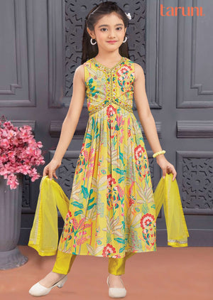 Yellow Muslin Printed Kids Alia Cut Anarkali