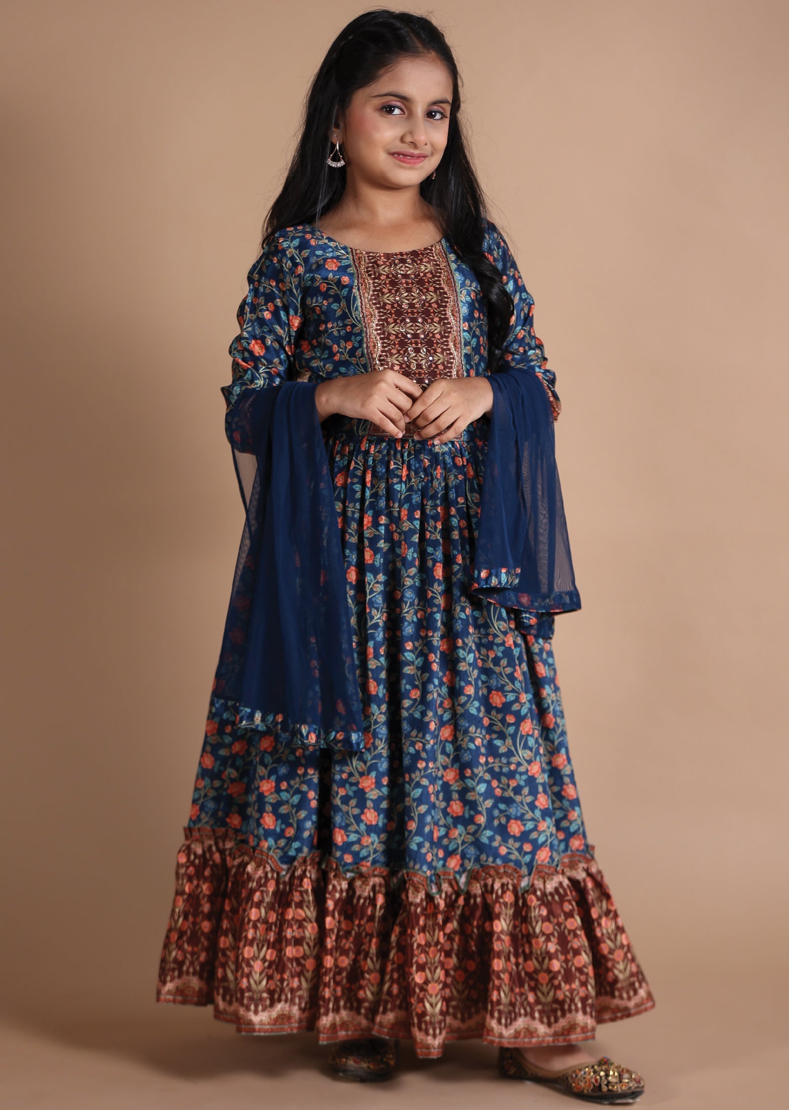 Teal Blue Chinnon Kids Anarkali