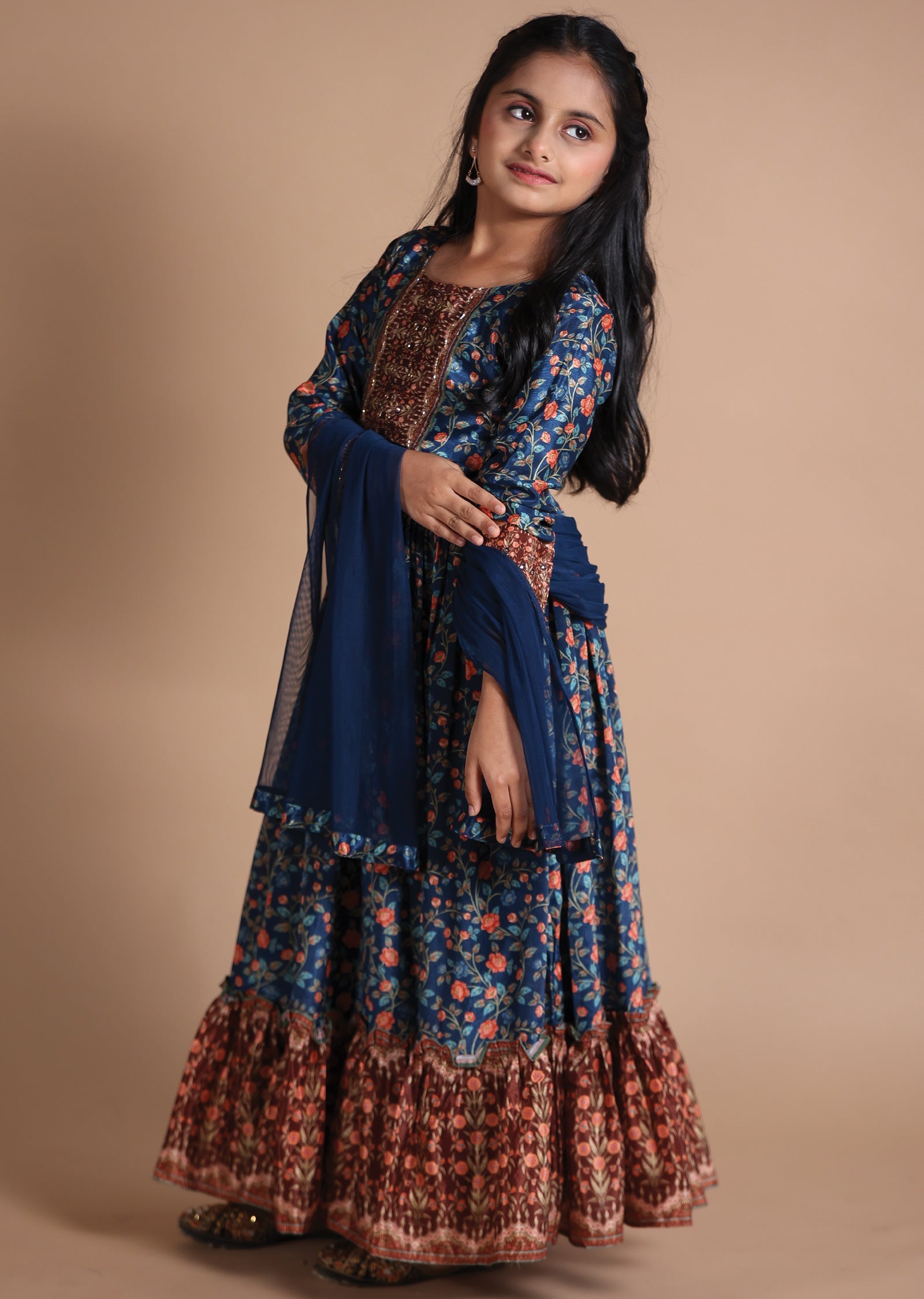 Teal Blue Chinnon Kids Anarkali