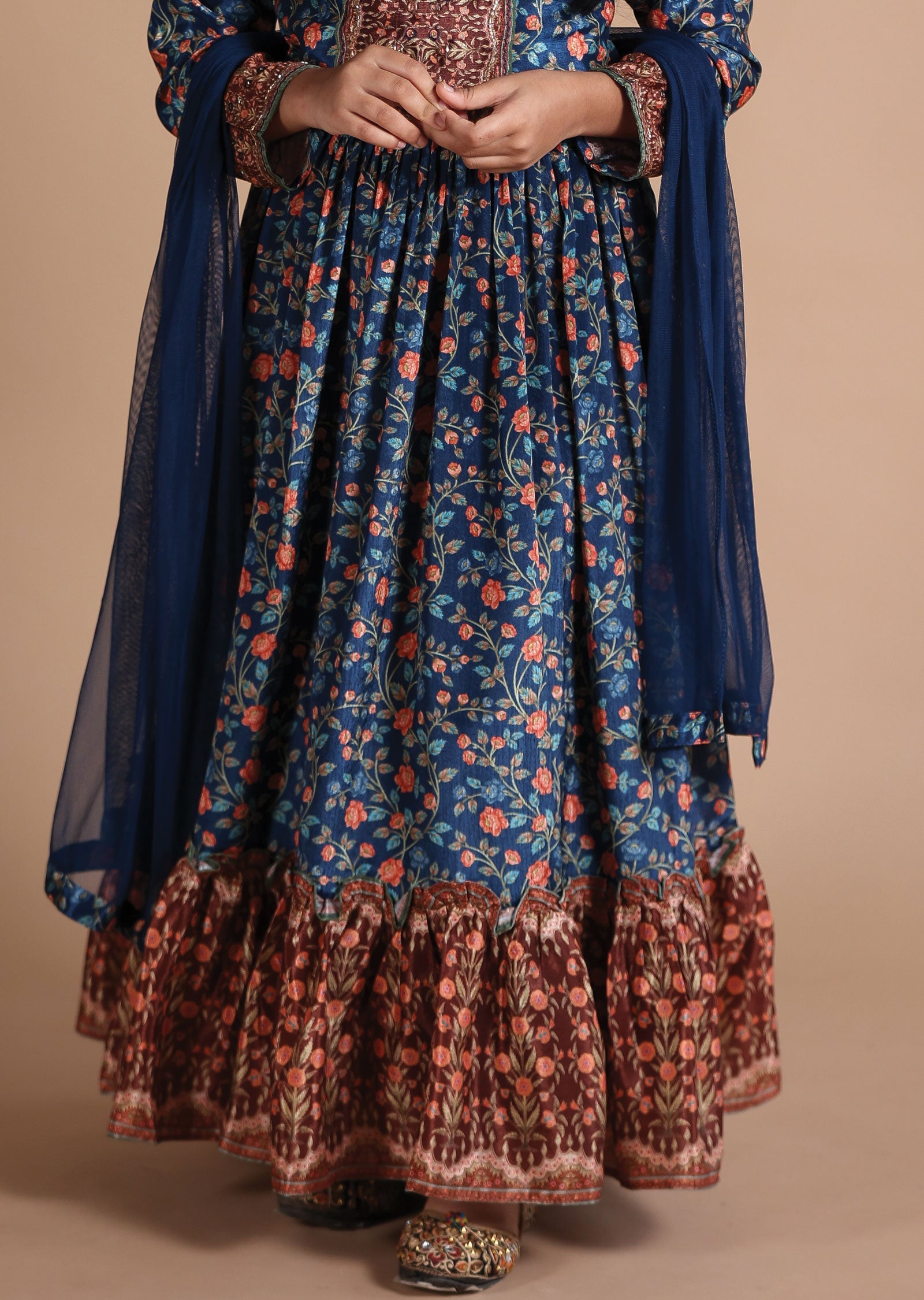 Teal Blue Chinnon Kids Anarkali