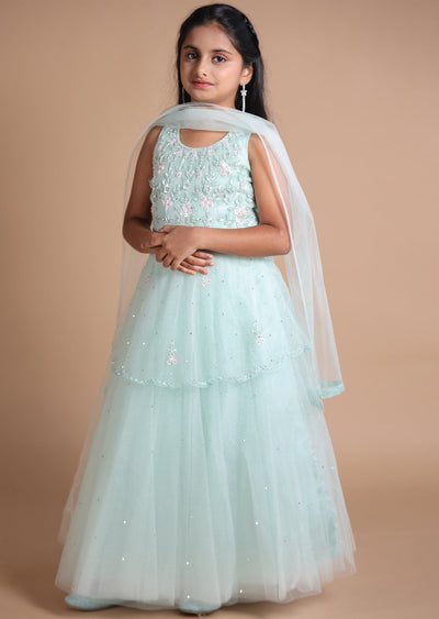 Pista Green Net Sequence & Stone Work Kids Anarkali