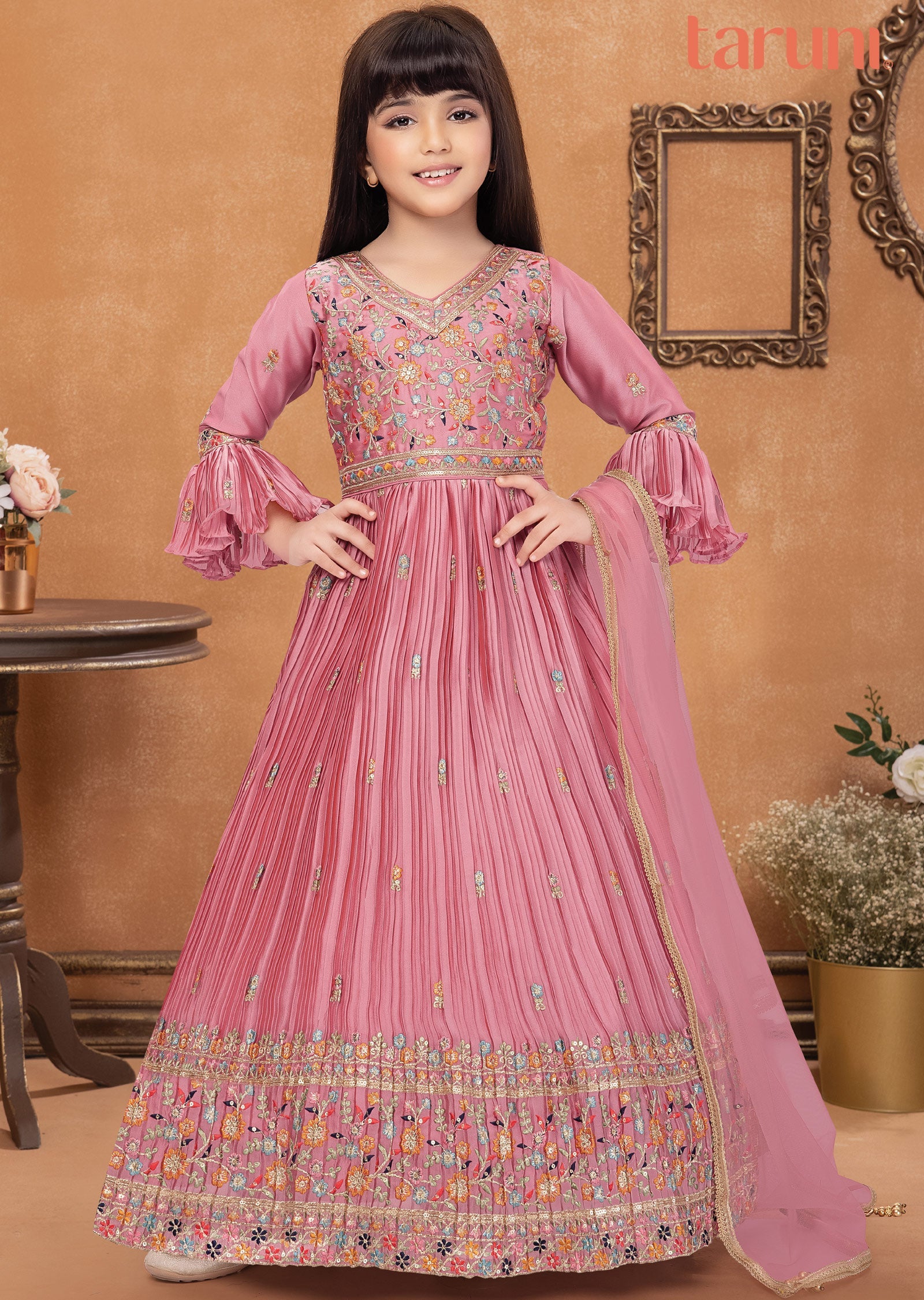 Pink Chiffon Silk Kids Anarkali