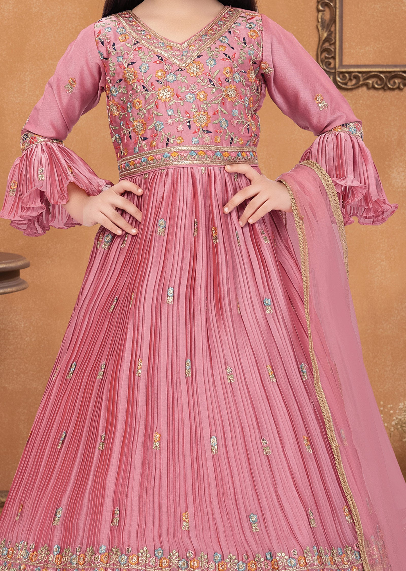 Pink Chiffon Silk Kids Anarkali