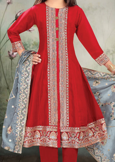 Red Silk Anarkali Suit for Kids