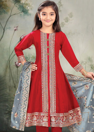 Red Silk Anarkali Suit for Kids