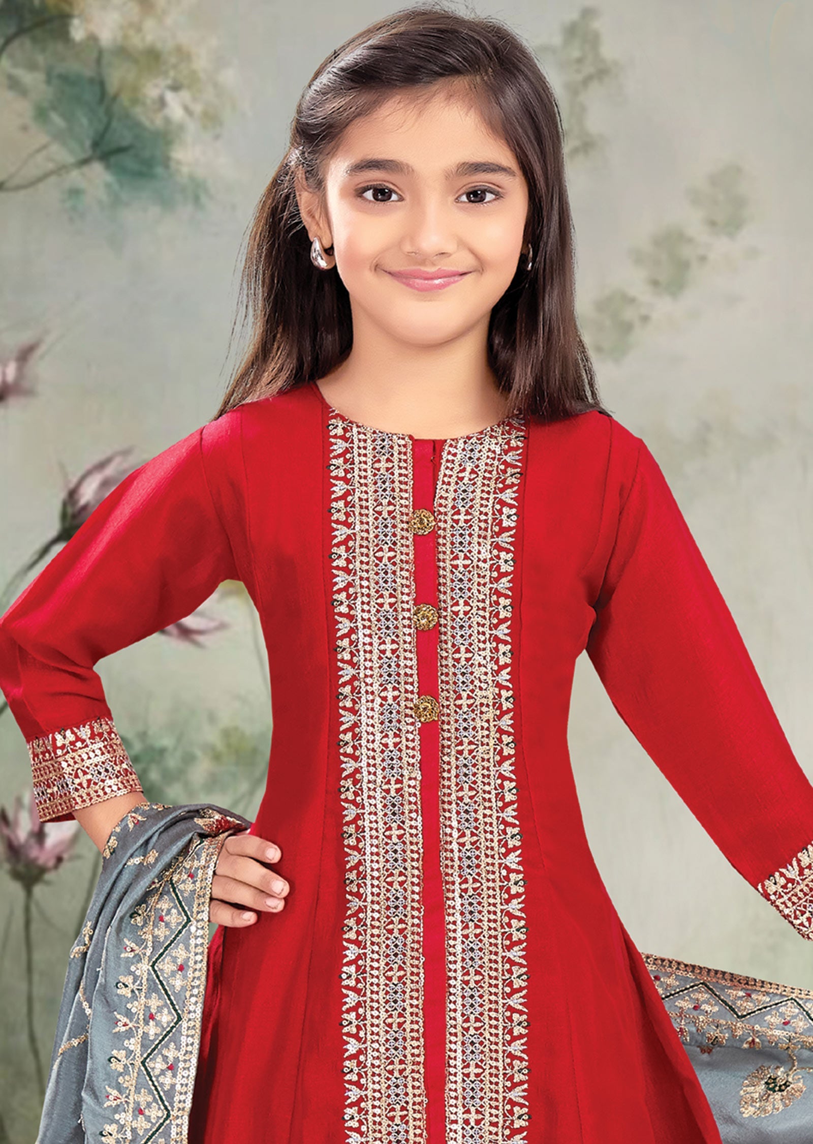 Red Silk Anarkali Suit for Kids