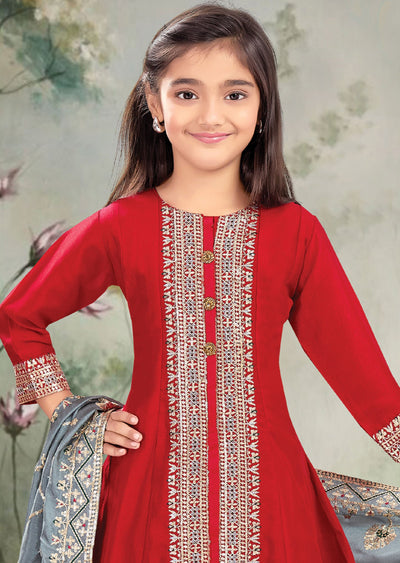 Red Silk Anarkali Suit for Kids