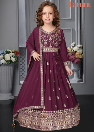 Wine Silk Arnakali Suit for Kids