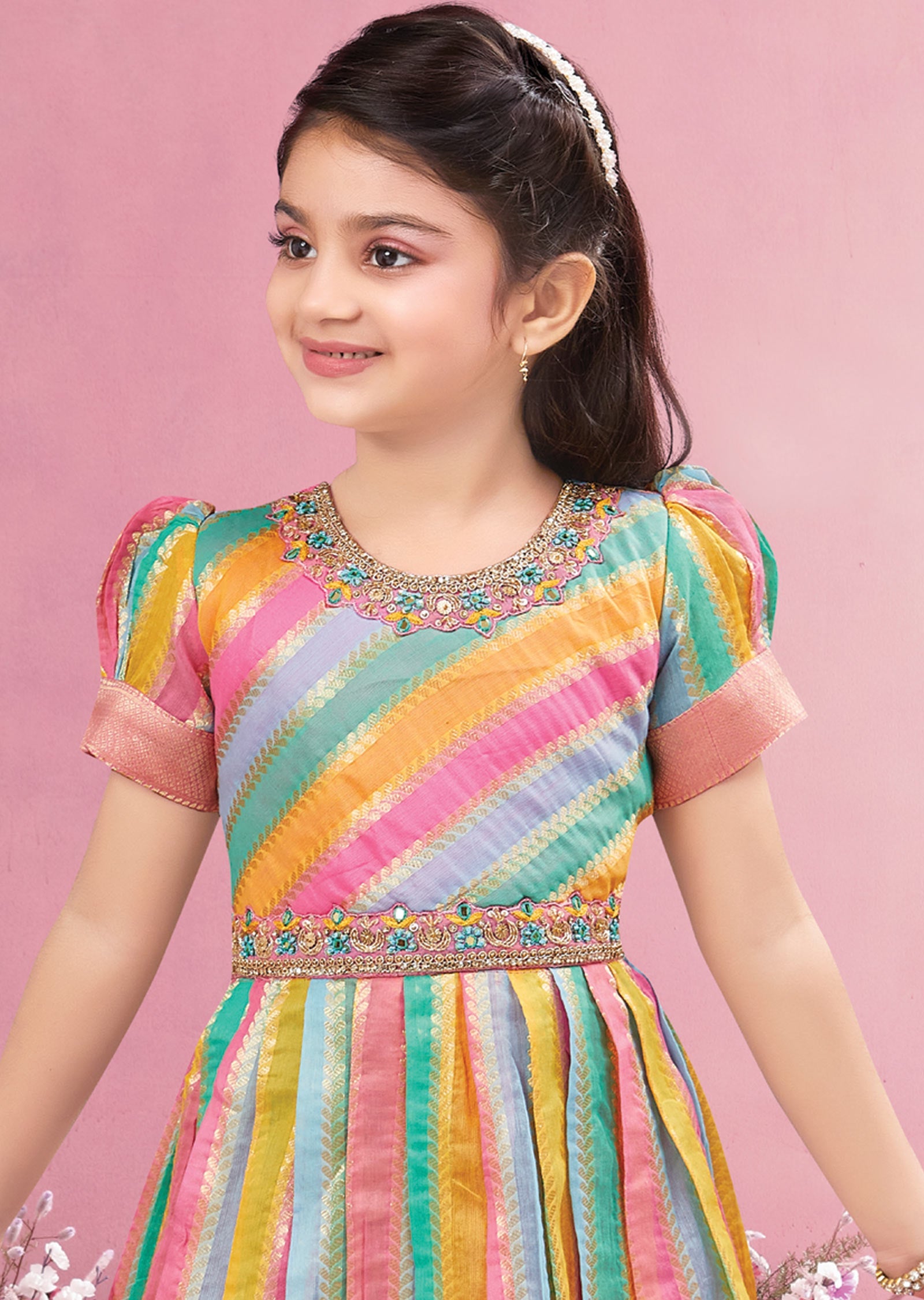 Multi Color Chanderi Kids Anarkali