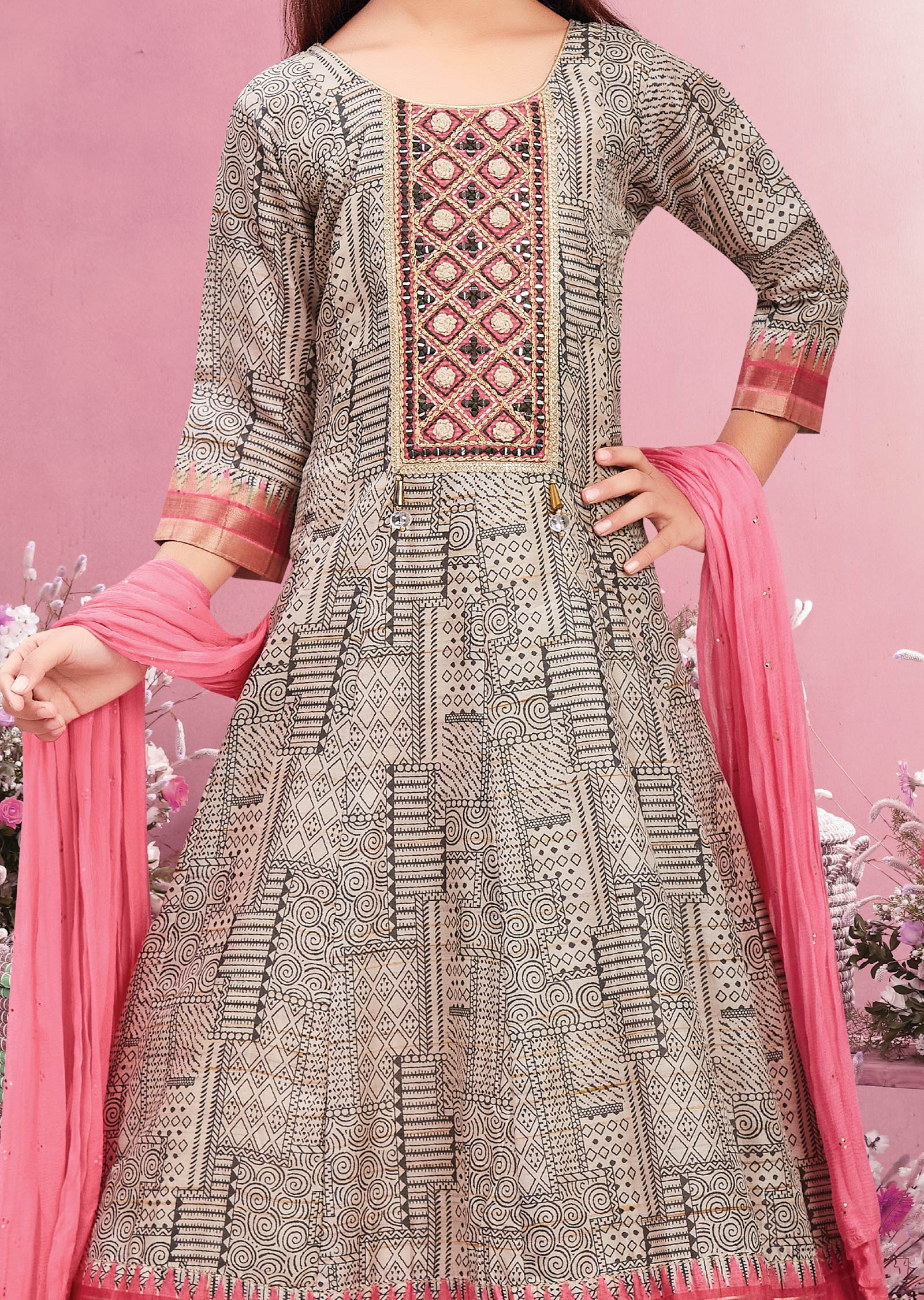 Beige Tissue Silk Kids Anarkali