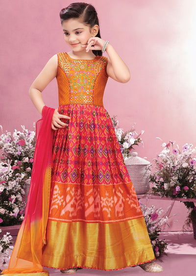 Orange & Rani Pink Silk Kids Anarkali