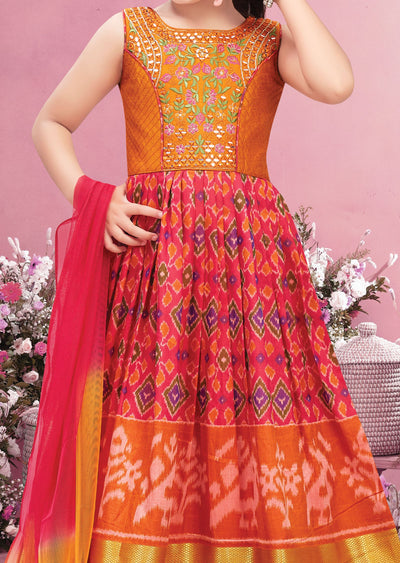 Orange & Rani Pink Silk Kids Anarkali