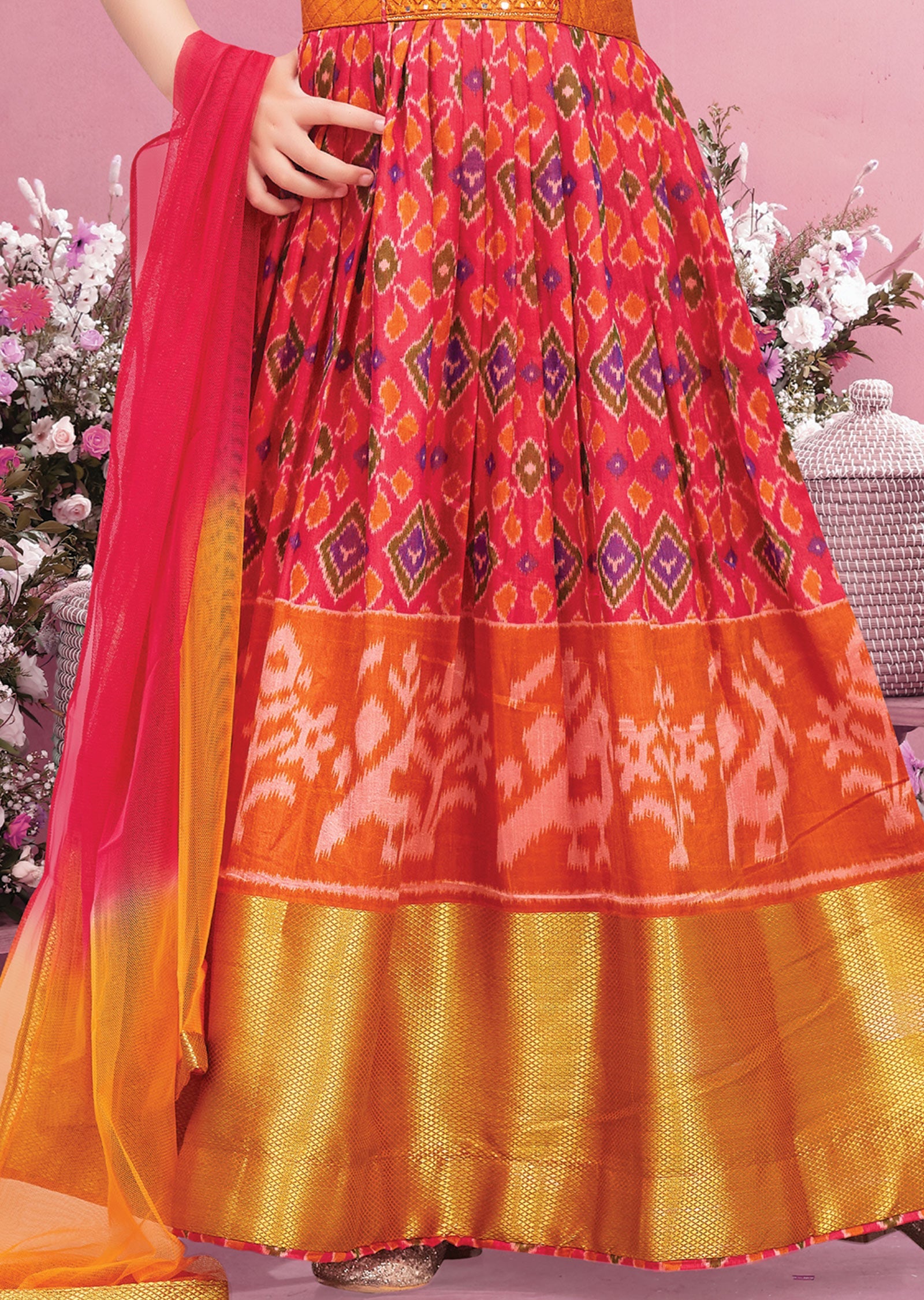 Orange & Rani Pink Silk Kids Anarkali