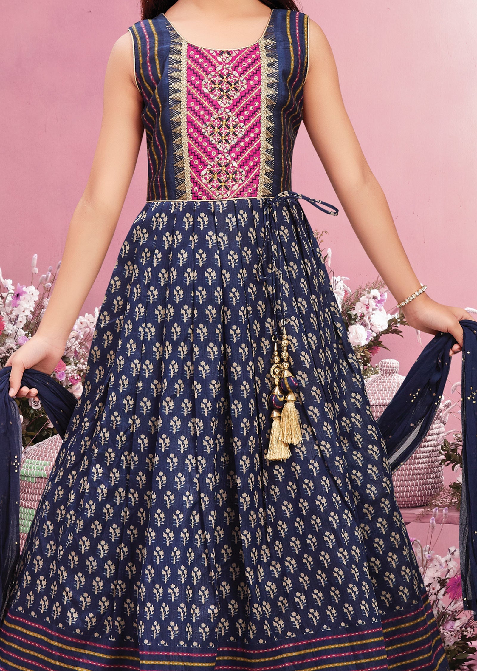 Navy Blue Silk Kids Anarkali