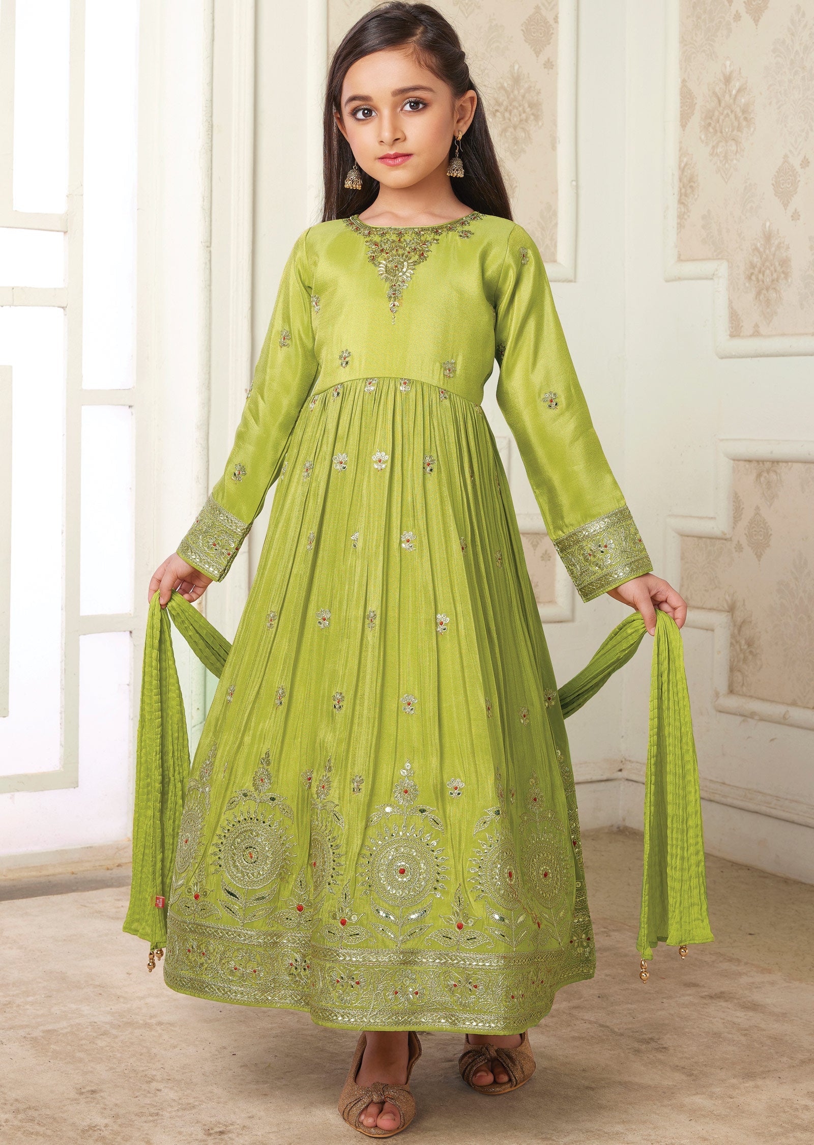 Mehendi Green Tissue Silk Kids Anarkali