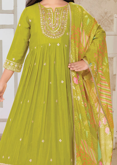 Lime Green Chinnon Kids Anarkali