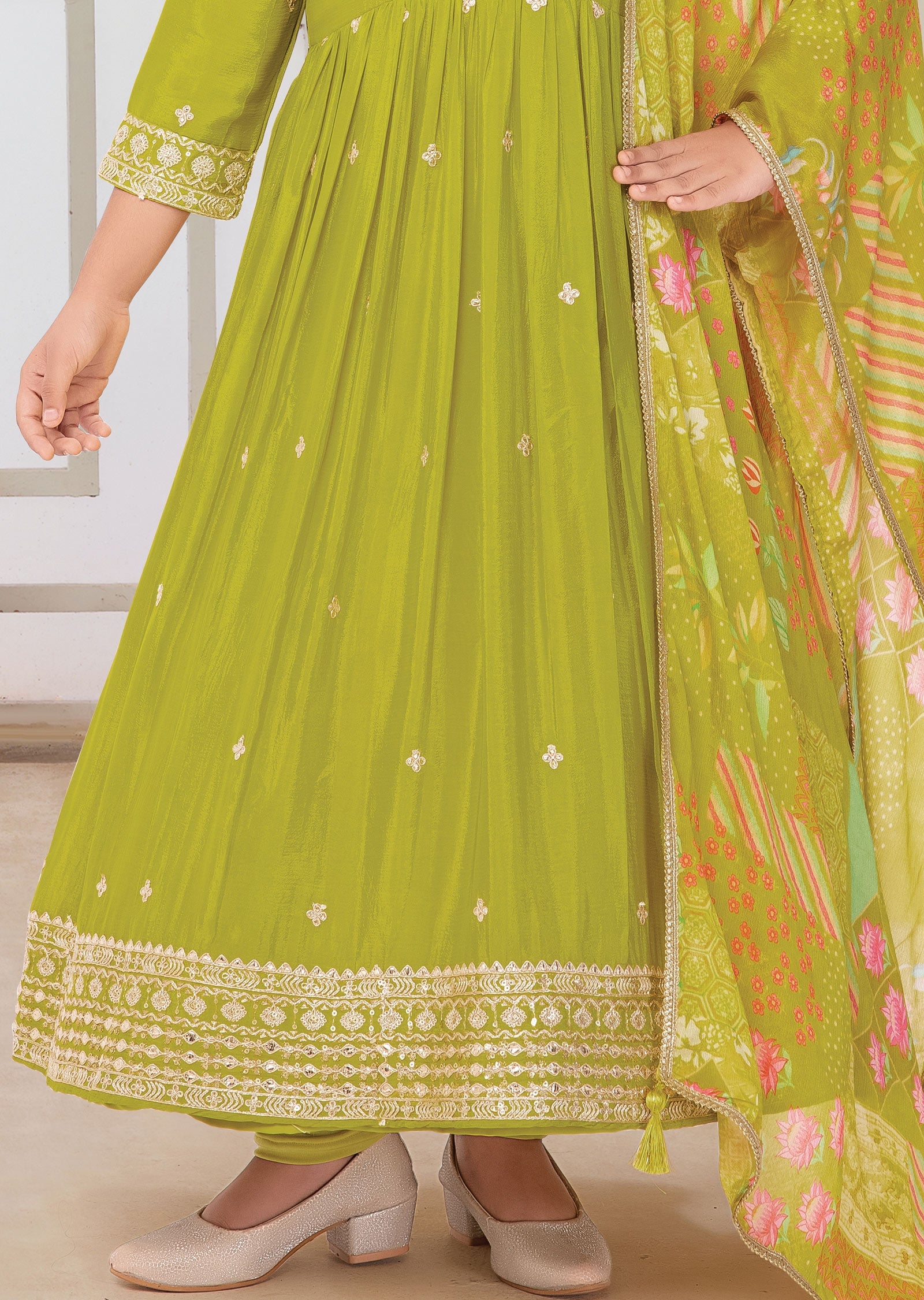 Lime Green Chinnon Kids Anarkali