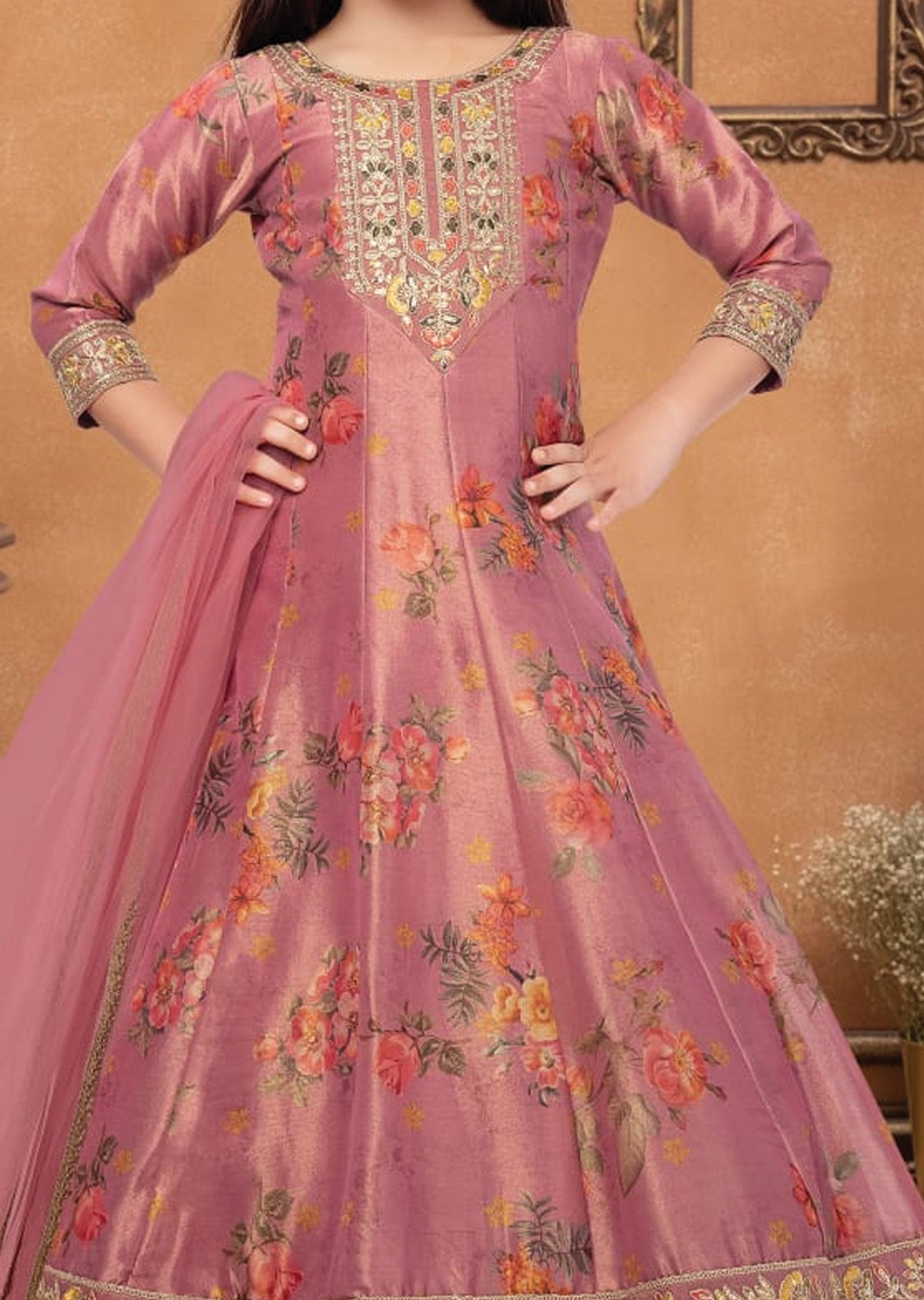 Onion Pink Tissue Kids Anarkali