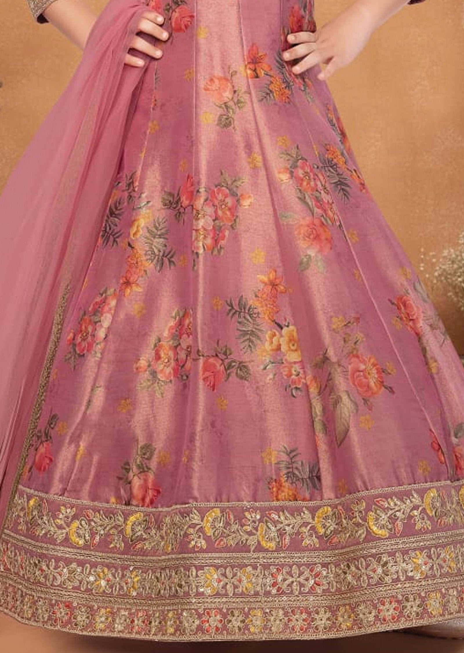 Onion Pink Tissue Kids Anarkali