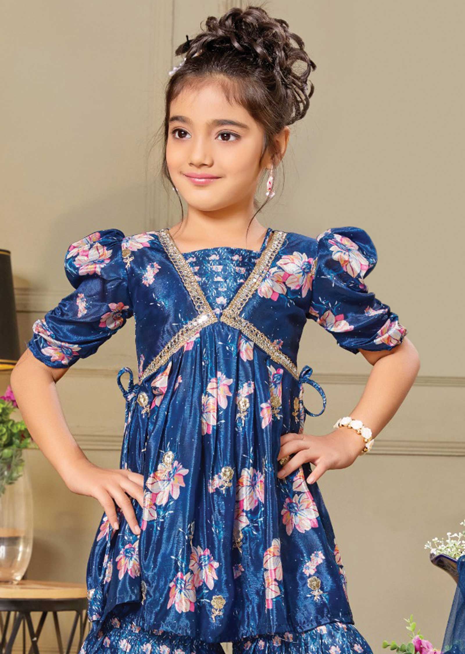 Ink Blue Chinnon Printed Kids Shararas Ghararas