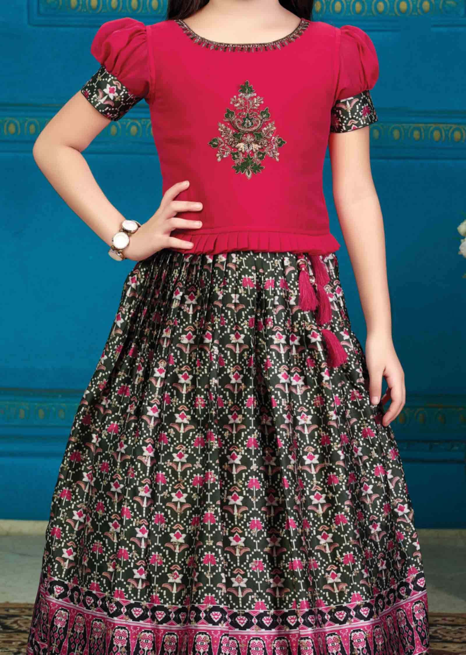 Pink Silk Satin Kids Lehenga