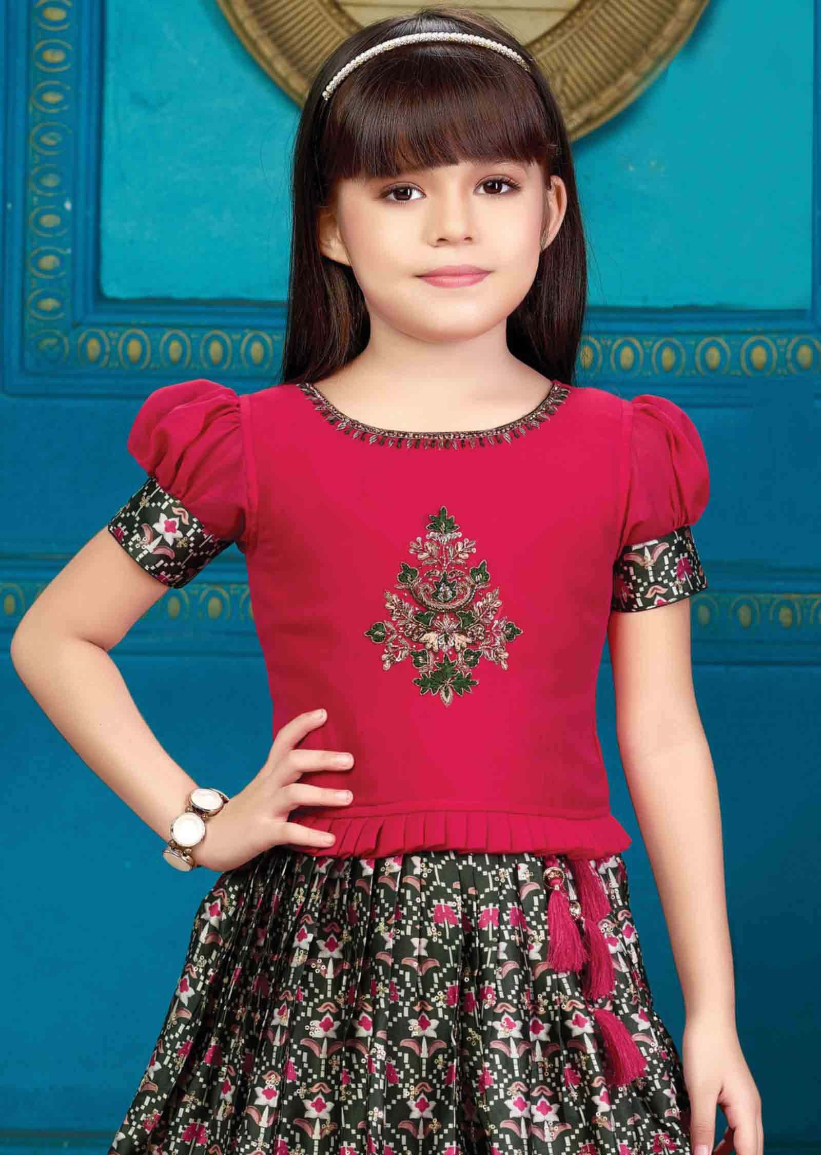 Rani Pink/Olive Green Silk/Satin Sequins Kidswear