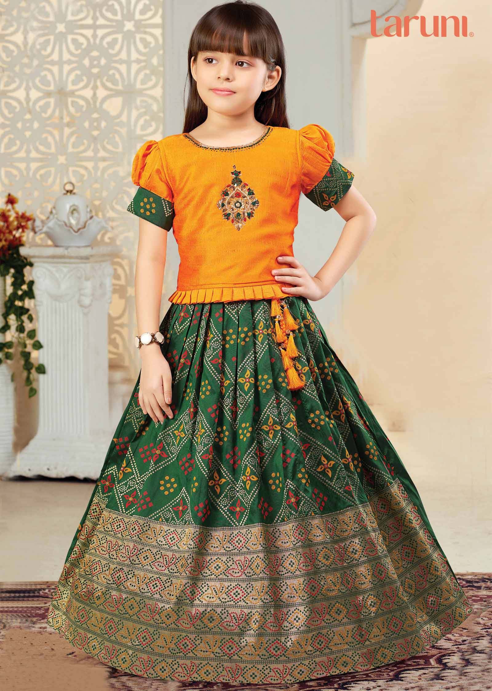 Mustard Orange/Green Silk/Banaras Kidswear