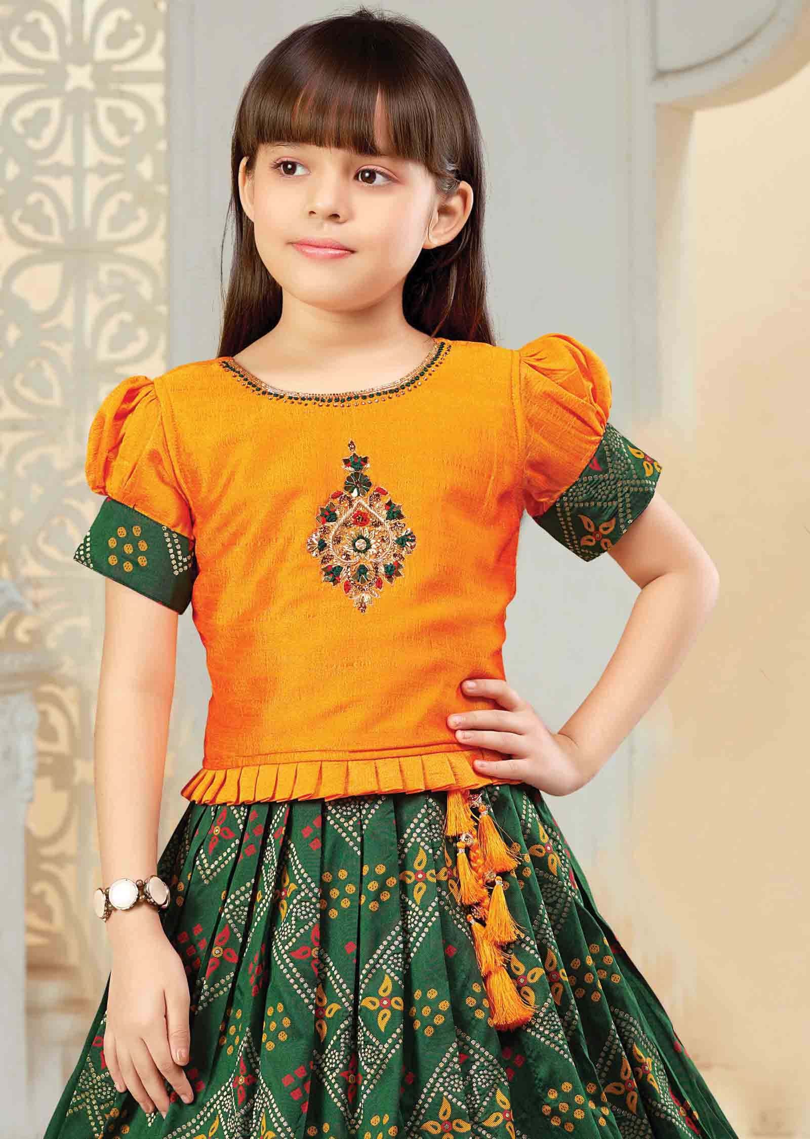 Mustard Orange/Green Silk/Banaras Kidswear