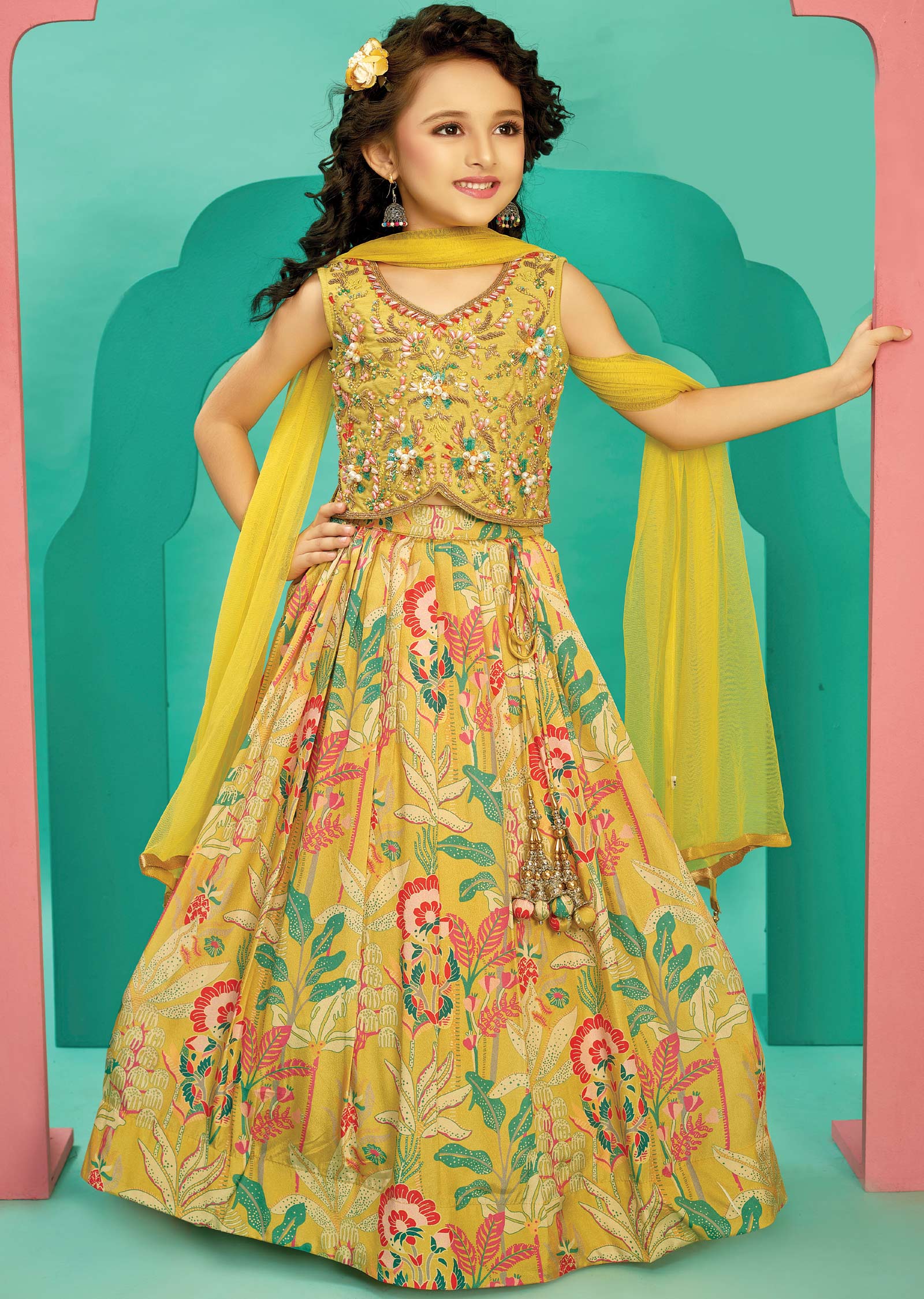 Yellow Silk/Chinnon/Net Kids Lehenga