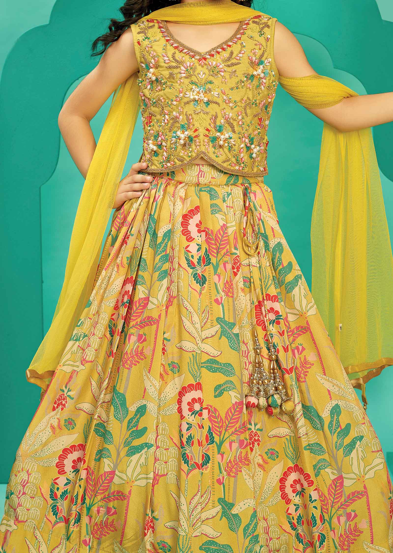 Yellow Silk/Chinnon/Net Kids Lehenga