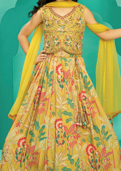 Yellow Silk/Chinnon/Net Embroidered Kids lehenga