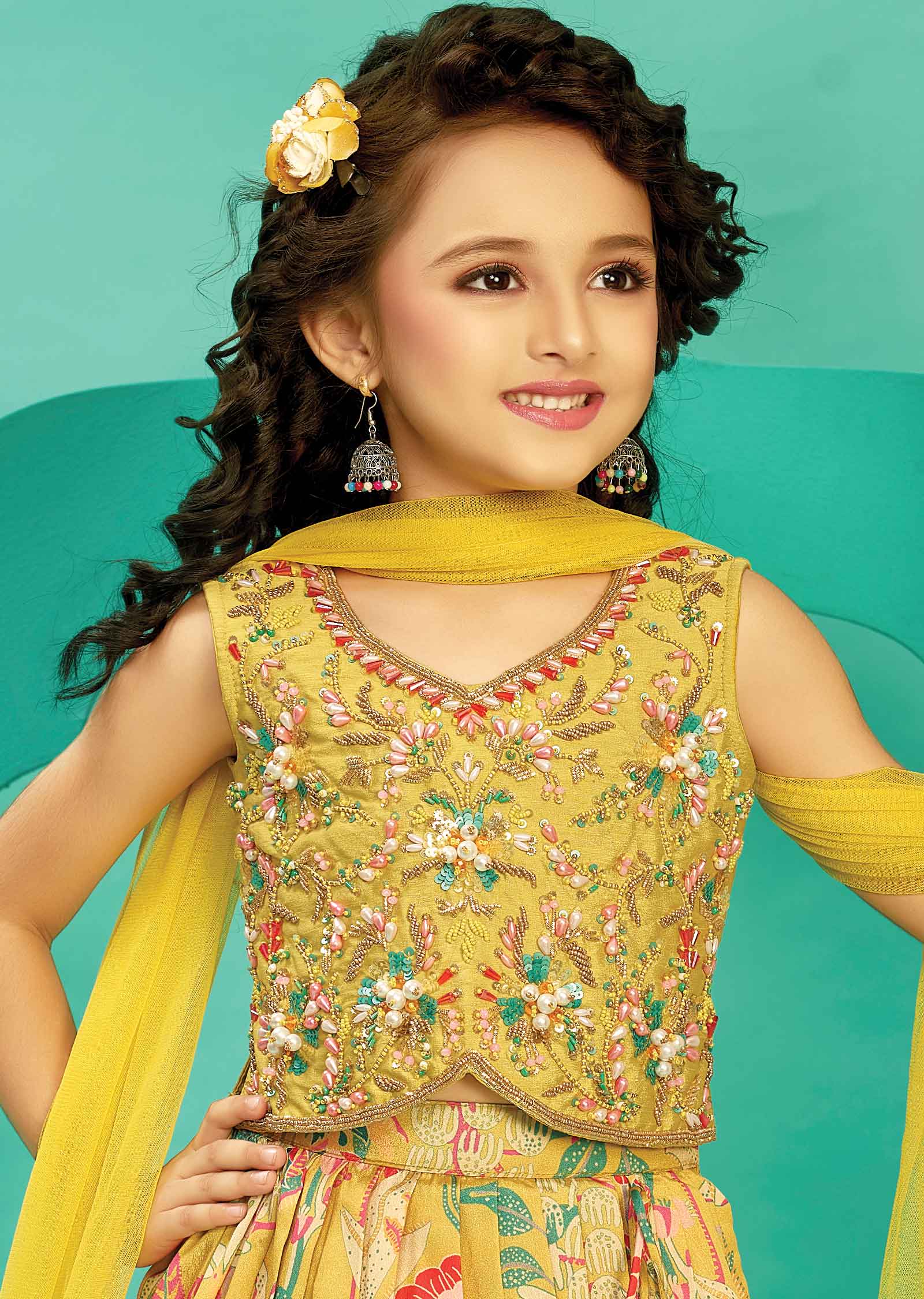 Yellow Silk/Chinnon/Net Kids Lehenga