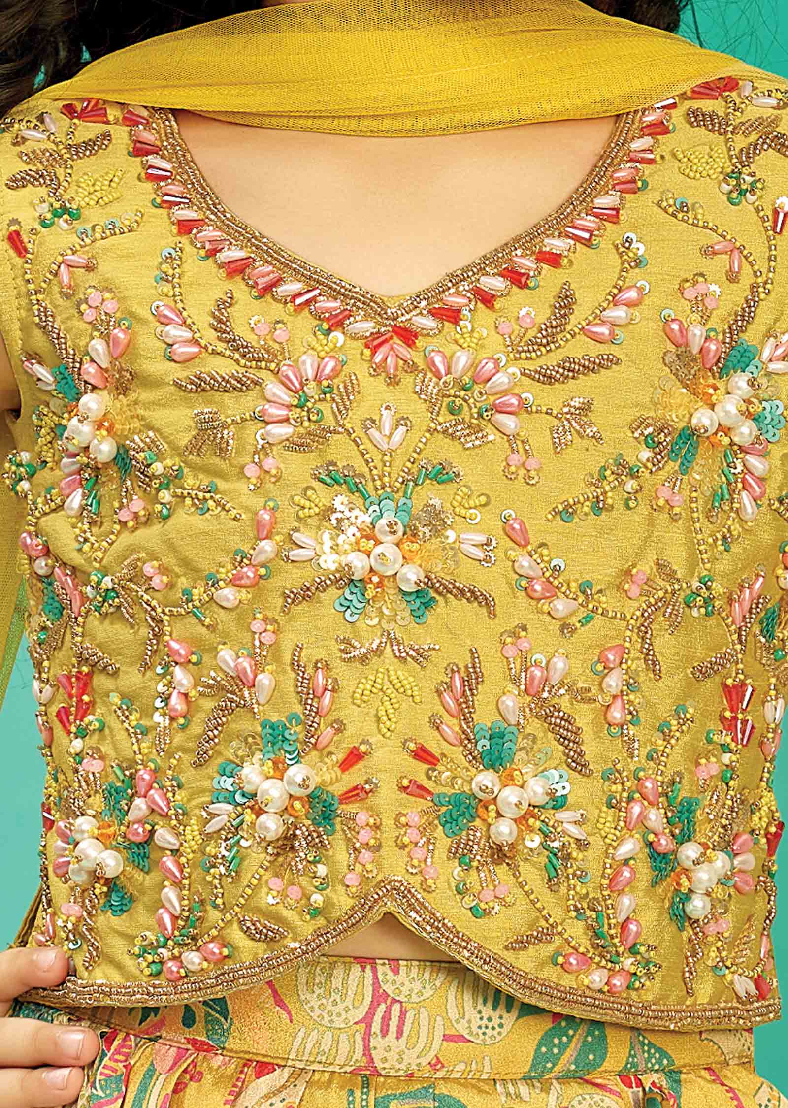 Yellow Silk/Chinnon/Net Embroidered Kids Lehengas