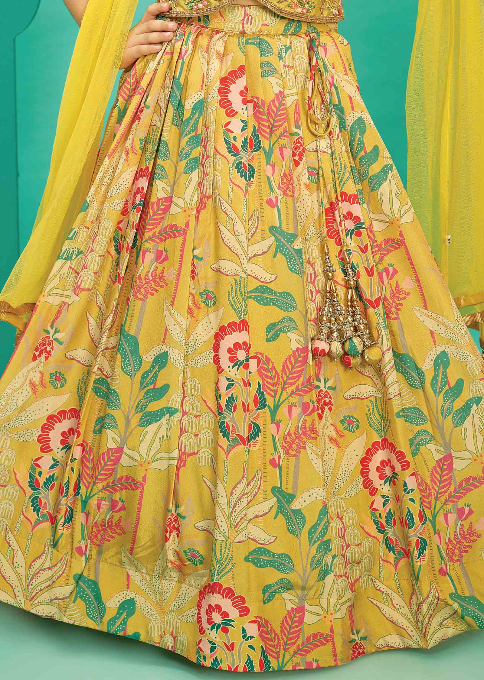 Yellow Silk/Chinnon/Net Embroidered Kids lehenga