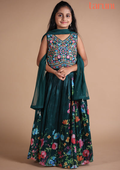 Green Silk/Tissue Kids lehenga