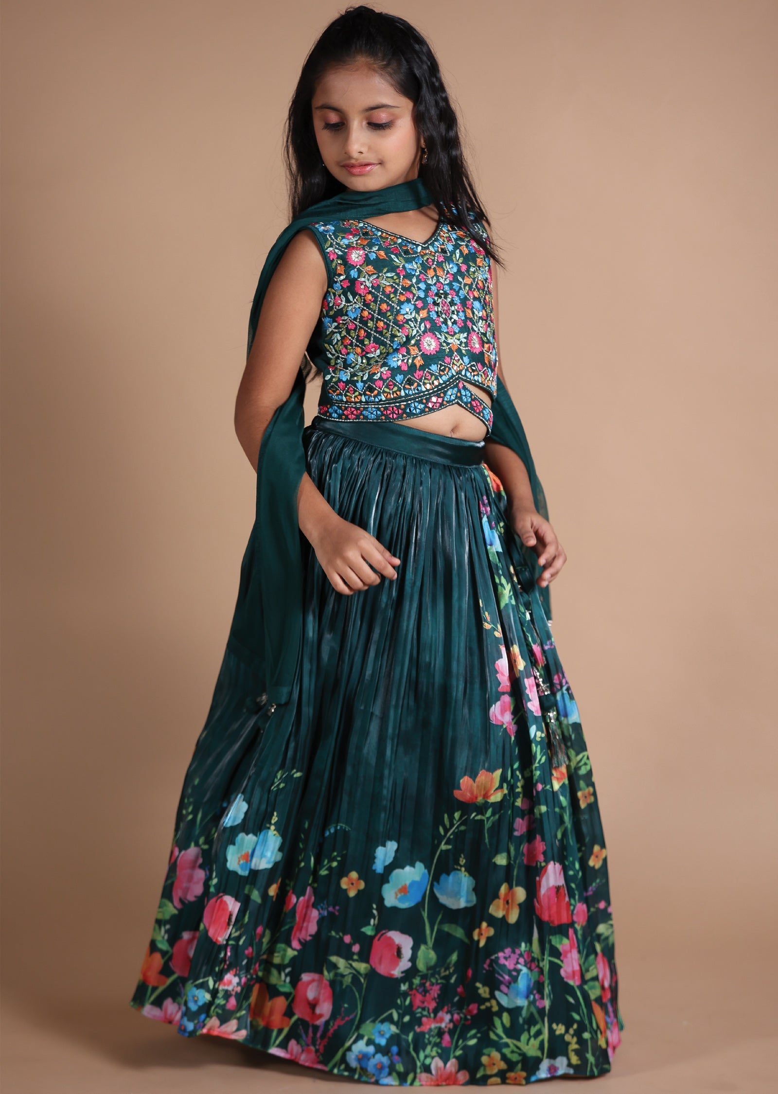 Green Silk/Tissue Kids lehenga