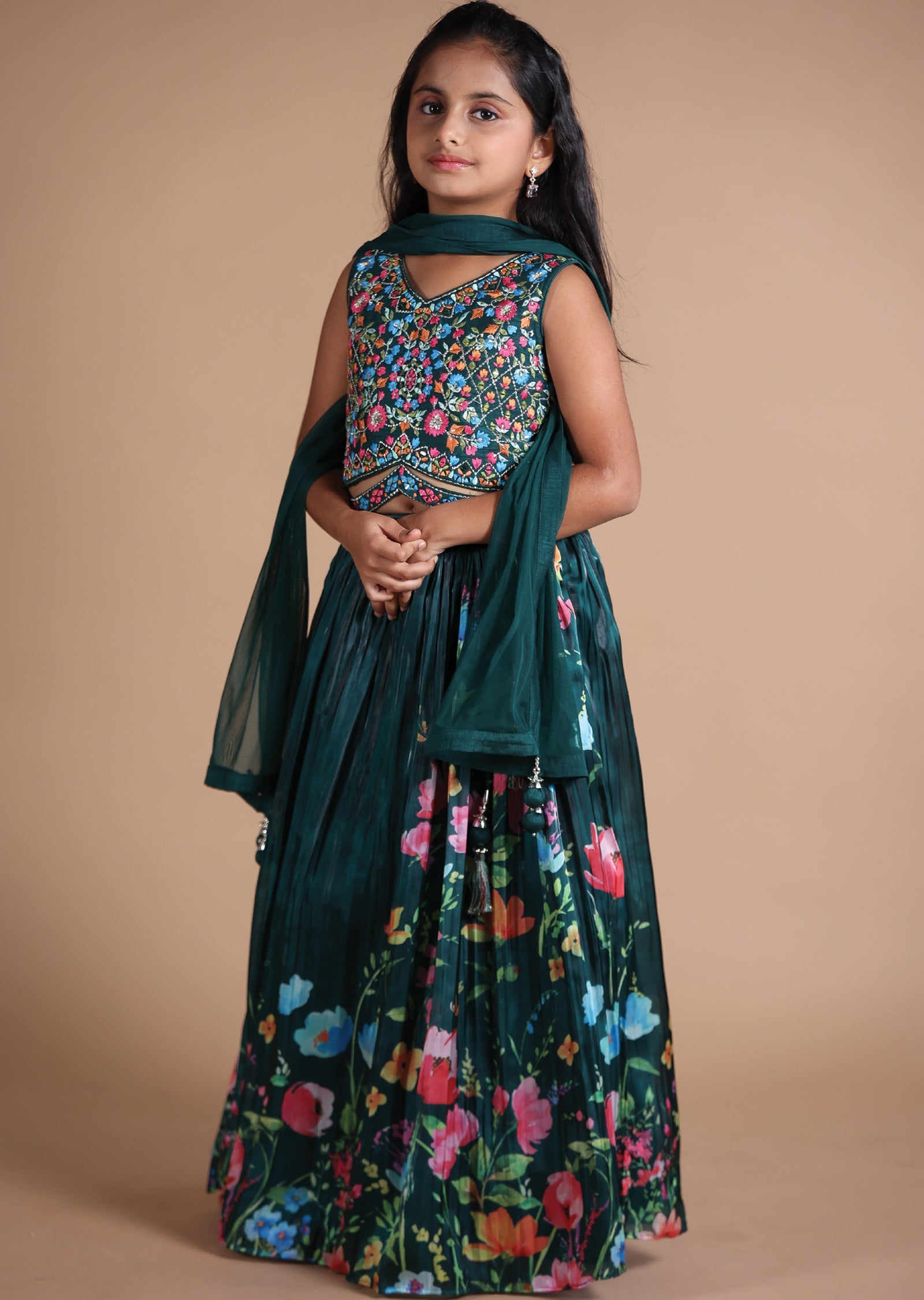 Green Silk/Tissue Kids lehenga