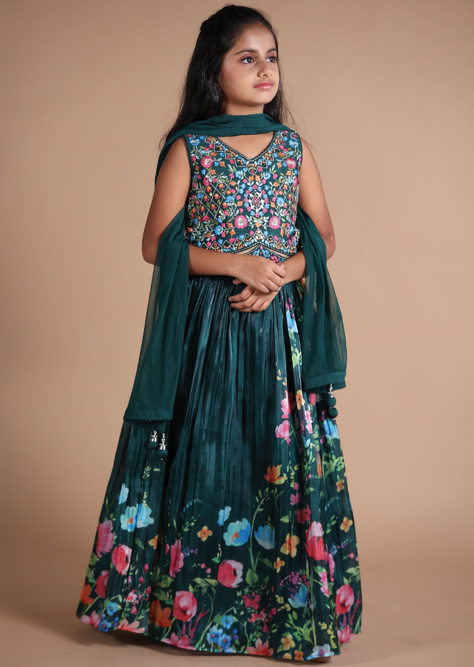 Green Silk/Tissue Kids lehenga