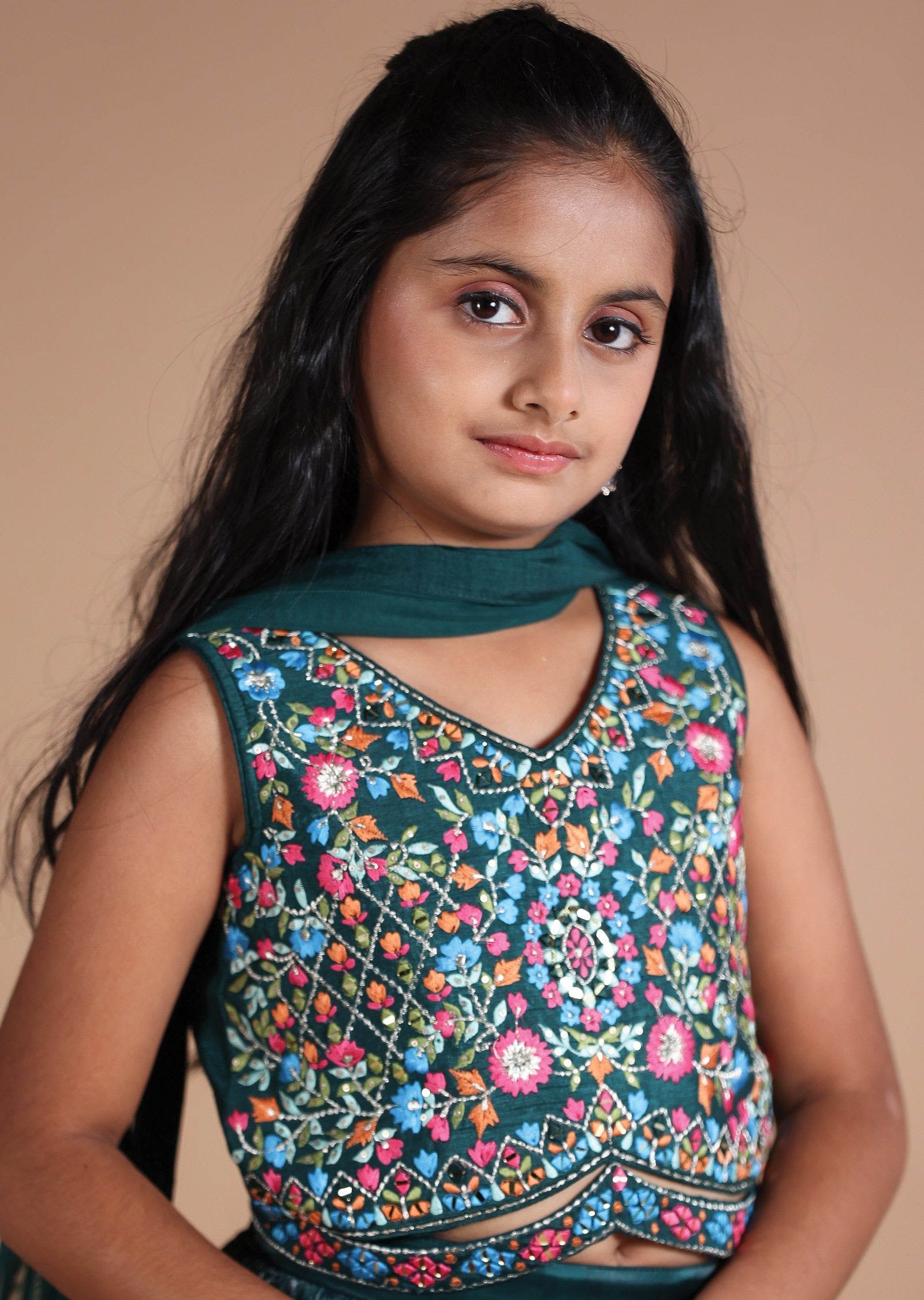 Green Silk/Tissue Kids lehenga